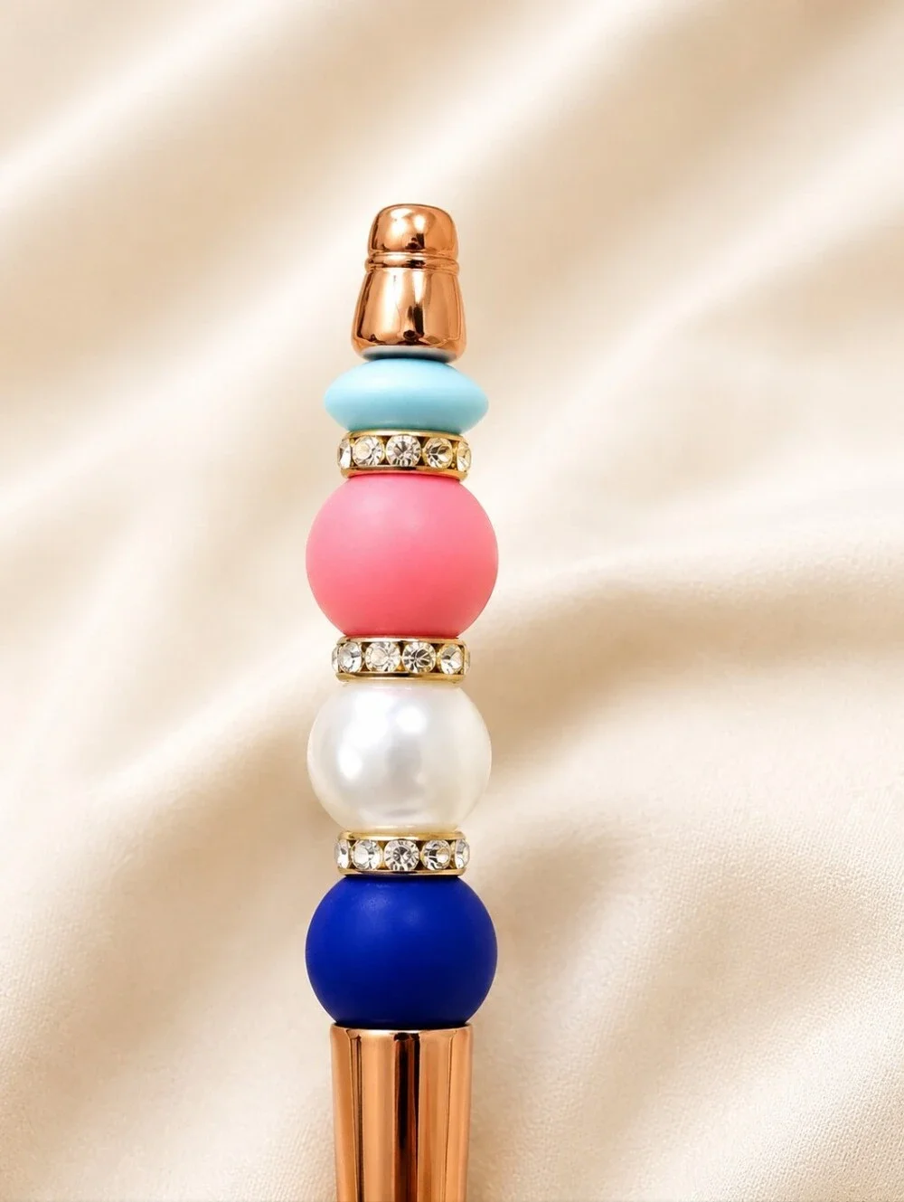 Handcrafted Luxury Beaded Ballpoint Pen - Pink, Blue, White Accent